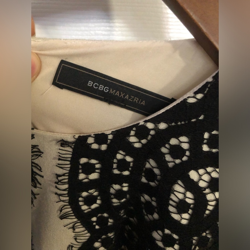 BCBGMaxAzria Black Lace Overlay on Cream Long-Sleeve Dress - Picture 5 of 12